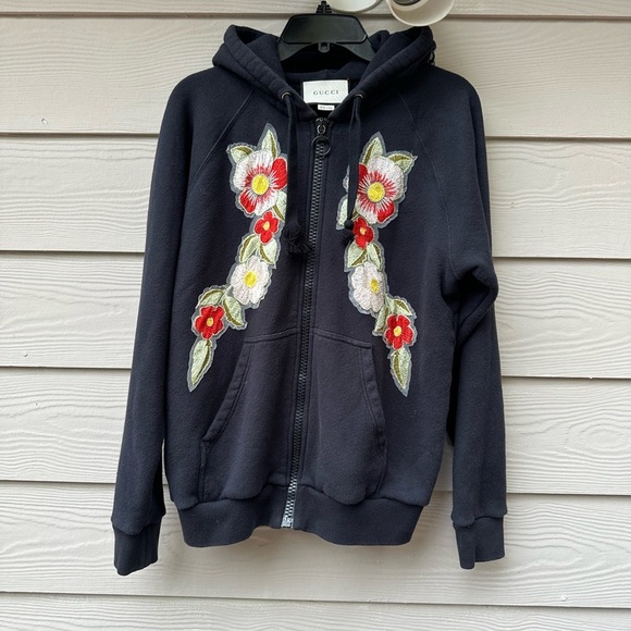 Gucci Black & Multicolor Floral Embroidered Cotton Zip-Up Hoodie - Picture 4 of 14